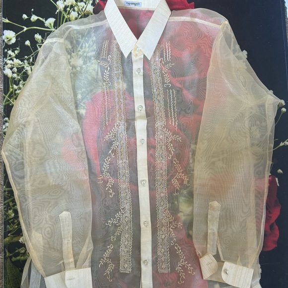 Plus size- Men’s Beige Pina Organza Barong Tagalog Full open with embroidery - Picture 5 of 11